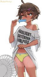  1girl absurdres ahoge blush bottomless brown_hair clothes_lift dark-skinned_female dark_skin electric_fan female_focus food food_in_mouth hair_between_eyes hair_ornament hairclip highres madaotheory madaotheory_(kyoko) mole original oversized_clothes oversized_shirt panties popsicle popsicle_in_mouth shirt shirt_lift short_hair simple_background solo sweat t-shirt tan tanline tomboy underwear white_background yellow_panties 