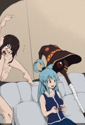 1boy 2girls :d aqua_(konosuba) barefoot blush colorized commentary controller couch dress dualshock english_commentary flying_sweatdrops full_nelson game_controller gamepad hair_rings hat unworn_headwear holding holding_controller holding_game_controller implied_sex indoors kono_subarashii_sekai_ni_shukufuku_wo! long_hair long_sleeves megumin meme multiple_girls open_mouth out-of-frame_censoring pillow playing_games playstation_controller short_hair sitting smile staff stealth_sex tyrone witch_hat rating:Questionable score:101 user:danbooru