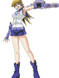  00s 1girl absurdres bare_legs bare_shoulders blonde_hair breasts duel_disk elbow_gloves female_focus fingerless_gloves full_body gloves highres large_breasts long_hair looking_at_viewer miniskirt obelisk_blue_uniform official_art school_uniform shiny_clothes shiny_skin shirt skirt smile solo standing tenjouin_asuka very_long_hair white_background wide_hips yellow_eyes yu-gi-oh! yu-gi-oh!_gx  rating:General score:9 user:e0972951006