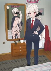  absurdres ass bed blue_archive fishnets flatculture formal halo hand_on_own_hip highres hotel_room jacket looking_at_viewer meme mirror mutsuki_(blue_archive) necktie ponytail reflection sketch smug standing suit suit_jacket  rating:Questionable score:20 user:nobunobu