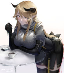 1girl absurdres arknights black_gloves blush breast_rest breasts brown_hair cigarette_pack closed_mouth coffee commentary cup demon_girl demon_horns elbow_gloves gloves highres horns large_breasts long_hair maho_(drmaho1) meteorite_(arknights) pencil_skirt playing_with_own_hair pointy_ears skirt solo sweater teacup thighhighs very_long_hair yellow_eyes rating:Sensitive score:28 user:danbooru