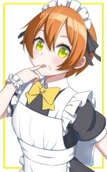  1girl absurdres apron back_bow black_dress blush border bow bowtie collared_dress commentary_request cream cream_on_face dress finger_to_mouth food food_on_face hair_between_eyes highres hoshizora_rin looking_at_viewer love_live! love_live!_school_idol_project maid maid_apron maid_headdress minarin-rinsuki orange_hair ribbon short_hair short_sleeves sidelocks solo tongue tongue_out upper_body white_background white_bow wrist_ribbon yellow_border yellow_bow yellow_bowtie yellow_eyes 