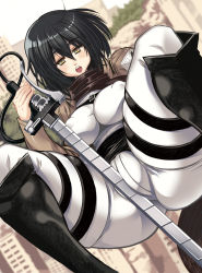  1girl belt black_hair blonde_hair blood boots breasts covered_erect_nipples crotch_rub fat_mons grinding jacket karateka_(kikyakudou) knee_boots large_breasts mikasa_ackerman scarf scarf_over_mouth shingeki_no_kyojin short_hair solo sword thigh_strap three-dimensional_maneuver_gear weapon wire  rating:Questionable score:58 user:deathkid101