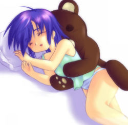  1girl blue_panties camisole closed_eyes cuddling from_behind kuma_(2ch) lingerie loli lowres lying no_pants on_side panties pillow purple_hair rape sleeping solo striped_clothes striped_panties stuffed_animal stuffed_toy teddy_bear underwear  rating:Questionable score:44 user:danbooru