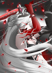  1girl absurdres acheron_(honkai:_star_rail) armpits black_coat black_gloves black_sleeves body_markings breasts bright_pupils cleavage coat commentary_request criss-cross_halter earrings flower gloves glowing glowing_eye half_updo halterneck highres holding holding_sword holding_weapon honkai:_star_rail honkai_(series) jewelry katana kxxg7257 long_hair looking_at_viewer markings medium_breasts midriff navel official_alternate_color presenting_armpit profile red_eyes red_flower red_petals shadow signature single_glove single_sleeve solo sword upper_body very_long_hair weapon white_hair white_pupils 