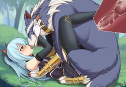  1girl absurdres animal_ears animal_penis ao_no_kiseki bestiality black_thighhighs blue_hair blush cat_ears censored cross-section cum cum_in_pussy day detached_sleeves eiyuu_densetsu fake_animal_ears french_kiss gloves grass highres interspecies kiss knotted_penis leg_lock leg_wrap legs long_hair lying mosaic_censoring on_back open_mouth outdoors penis sex skirt thighhighs tio_plato tongue tuoni white_gloves yellow_eyes zeit zero_no_kiseki  rating:Explicit score:265 user:danbooru