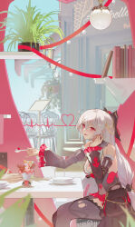 1girl 1other absurdres bare_shoulders black_bow black_collar black_dress black_sleeves black_thighhighs blush book bookshelf bow breasts cafe captain_(honkai_impact) cherry chinese_commentary cleavage collar comet_(user_fjsa4577) commentary_request cup detached_sleeves dress drinking_glass ear_blush feeding feet_out_of_frame food fruit hair_between_eyes hair_bow hand_on_own_head highres holding holding_spoon honkai_(series) honkai_impact_3rd ice_cream indoors large_breasts layered_dress layered_sleeves light_blush long_hair looking_at_another low-tied_long_hair nail_polish open_mouth own_hands_together plant plate potted_plant red_eyes red_nails red_skirt red_trim sidelocks sitting skirt spoon sundae theresa_apocalypse theresa_apocalypse_(luna_kindred) theresa_apocalypse_(lunar_vow:_crimson_love) thighhighs thighs torn_clothes torn_thighhighs very_long_hair white_hair white_trim wine_glass 
