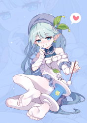  1girl aran_sweater bare_shoulders benghuai_xueyuan blue_eyes blue_hair blue_shirt blunt_bangs blush cable_knit earrings elbow_cutout feet finger_to_mouth frilled_shirt_collar frills full_body hat heart highres honkai_(series) jewelry juliet_sleeves leaf leaf_earrings leaf_necklace long_hair long_sleeves looking_at_viewer no_shoes off-shoulder off-shoulder_sweater off_shoulder pantyhose pointy_ears puffy_sleeves shirt sitting sleeveless sleeveless_shirt sleeves_past_wrists smile solo spoken_heart sweater toes tsubasa_tsubasa very_long_hair white_pantyhose white_sweater zoom_layer  rating:Sensitive score:38 user:danbooru