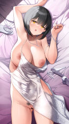  1girl :o armlet armpits bar_censor bed_sheet black_hair blush bob_cut bracelet breasts censored clothes_pull cocktail_dress covered_navel dress dress_pull evening_gown female_pubic_hair gluteal_fold groin high_heels highres idolmaster idolmaster_cinderella_girls jewelry large_breasts looking_at_viewer lying mk_(mod0) necklace nipples no_bra on_back open_mouth pubic_hair pussy shoes short_hair silver_dress solo takafuji_kako unworn_shoes yellow_eyes 