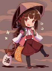  1girl ahoge ajirogasa animal_ears backpack bag bottle brown_hair chibi commentary_request flying_sweatdrops fox_ears fox_girl fox_tail geta hair_tie hat highres holding_strap jacket japanese_clothes kimono light_blush long_hair long_sleeves looking_at_viewer obi open_mouth original pantyhose pom_pom_(clothes) red_eyes red_shorts sash shorts shoulder_strap simple_background solo standing standing_on_one_leg stick tail tengu white_kimono wide_sleeves yukinagi  rating:General score:2 user:danbooru