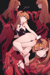  1girl absurdres animal_ears annoyed ass ass_focus ass_grab bare_legs bare_shoulders barefoot black_background black_gloves black_leotard black_necktie blue_eyes bodysuit breasts cleavage closed_mouth covered_erect_nipples curvy detached_collar dnaitari evangelion:_3.0+1.0_thrice_upon_a_time fake_animal_ears feet female_focus from_behind frown full_body gloves grabbing_own_ass hair_between_eyes hand_on_own_ass hands_on_own_hips highleg highleg_leotard highres huge_ass interface_headset legs leotard lips long_hair looking_at_viewer lying medium_breasts multiple_views necktie neon_genesis_evangelion on_side orange_hair parted_lips pilot_suit playboy_bunny plugsuit rabbit_ears rebuild_of_evangelion red_bodysuit shiny_skin soles souryuu_asuka_langley strapless strapless_leotard thigh_gap toes torn_bodysuit torn_clothes upper_body v-shaped_eyebrows white_wrist_cuffs wide_hips wrist_cuffs  rating:Sensitive score:182 user:danbooru