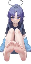  1girl absurdres barefoot black_shirt blue_archive blush closed_mouth commentary damcheong facial_mark foot_focus halo highres long_hair looking_at_viewer mechanical_halo official_alternate_costume ponytail purple_eyes purple_hair shirt short_sleeves simple_background soles solo star_(symbol) toes white_background yuuka_(blue_archive) yuuka_(track)_(blue_archive)  rating:Sensitive score:28 user:danbooru