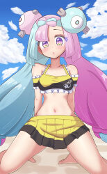  1girl absurdres alternate_costume arms_behind_back bare_shoulders bikini blue_hair blue_sky bow-shaped_hair character_hair_ornament cloud creatures_(company) eyelashes game_freak hair_ornament highres iono_(pokemon) kneeling long_hair looking_at_viewer maho_(corotonton5150) multicolored_hair navel nintendo parted_lips pink_eyes pokemon pokemon_sv sand sky solo swimsuit twintails two-tone_bikini two-tone_hair very_long_hair yellow_bikini 