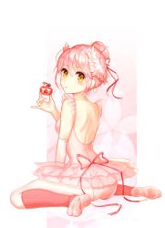  1girl :o ass backless_outfit bad_id bad_pixiv_id ballerina bare_back cake feet food food_on_face from_behind fruit hair_bun highres holding holding_food in_the_face leg_warmers leotard original pie_in_face pink_hair ribbon shoes single_hair_bun sitting solo strawberry sugarv tutu wariza yellow_eyes  rating:Sensitive score:15 user:danbooru