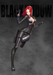  1girl animification avengers_(series) belt black_widow bodysuit boots breasts character_name cleavage dual_wielding full_body gun highres holding holster kim_jin_sung long_hair looking_at_viewer marvel medium_breasts natasha_romanoff no_bra red_eyes red_hair skin_tight smirk solo standing standing_on_one_leg weapon  rating:Sensitive score:44 user:danbooru