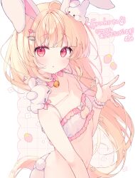  1girl :o ahoge animal animal_ears bare_shoulders bell blonde_hair blush bow bra breasts choker cleavage_cutout clothing_cutout collar collarbone commission eruko_(vtuber) frilled_bra frilled_collar frills hair_ornament hairclip hand_up highres indie_virtual_youtuber jingle_bell komomo_(2899) long_hair looking_at_viewer panties parted_lips pink_choker rabbit rabbit_ears rabbit_girl rabbit_tail red_eyes signature skeb_commission small_breasts solo tail underwear underwear_only very_long_hair white_background white_bra white_panties wrist_cuffs 
