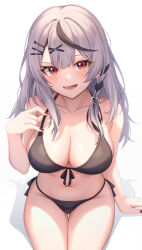  1girl :d absurdres alternate_costume aoi_zerii bikini black_bikini black_hair braid breasts center-flap_bangs cleavage collar commentary double-parted_bangs front-tie_bikini_top front-tie_top grey_hair hair_ornament hairclip halterneck hand_up heart heart_hair_ornament highres hololive knees_out_of_frame large_breasts legs_together long_hair looking_at_viewer multicolored_hair navel open_mouth red_eyes red_nails sakamata_chloe side-tie_bikini_bottom side_braid simple_background single_braid sitting smile solo streaked_hair string_bikini swimsuit virtual_youtuber white_background x_hair_ornament 