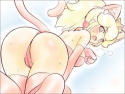 1girl animal_ears ass blonde_hair blush cat_ears cat_tail colorized crown huge_ass konpeto lowres mario_(series) nintendo open_mouth princess_peach solo super_mario_3d_world super_mario_bros._1 sweat tail third-party_edit rating:Questionable score:91 user:Cane751
