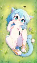  1girl ? aas_(aasjpvm) absurdres animal_ear_fluff animal_ears animal_nose anus aqua_eyes bandaid bandaid_on_knee bandaid_on_leg bandaids_on_nipples bell blue_hair blush body_fur cat_ears cat_girl cat_tail cleft_of_venus female_focus flat_chest full_body furry furry_female grass highres huge_filesize jingle_bell loli looking_at_viewer lying navel nude on_back on_grass on_ground original outdoors pasties pussy pussy_juice rock shoes solo tail tail_bell tail_ornament uncensored white_fur yellow_footwear  rating:Explicit score:248 user:danbooru