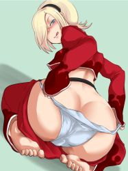 1boy ash_crimson ass barefoot blonde_hair blue_eyes butt_crack cheerio clothes_pull cropped_jacket freckles from_behind hair_over_one_eye hairband huge_ass licking_lips male_focus naughty_face panties pants pants_pull panty_pull plantar_flexion pulling_own_clothes red_pants seiza sitting soles solo the_king_of_fighters tongue tongue_out trap underwear undressing white_panties rating:Questionable score:208 user:danbooru