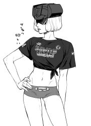  1girl absurdres arm_at_side bob_cut breasts decepticon genderswap genderswap_(mtf) greyscale hand_on_own_hip highres logo looking_to_the_side medium_breasts monochrome navel personification shirt short_shorts shorts skinny sound_wave soundwave_(transformers) t-shirt tatamintatamin tied_shirt transformers visor_cap 