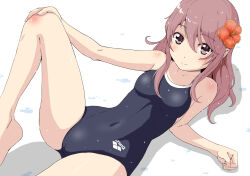  1girl arena_(company) blue_one-piece_swimsuit breasts brown_eyes cameltoe competition_school_swimsuit covered_navel flower hair_flower hair_ornament hi-ro_(rimlnet) hibiscus logo long_hair lying one-piece_swimsuit original school_swimsuit sitting small_breasts smile solo swimsuit 