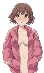  10s 1girl :o blush bottomless breasts brown_hair collarbone cowboy_shot groin hands_in_pockets honda_mio hood hood_down hooded_track_jacket hoodie idolmaster idolmaster_cinderella_girls jacket long_sleeves naked_hoodie navel nose_blush open_clothes open_mouth out-of-frame_censoring short_hair simple_background solo stomach takemasa track_jacket white_background yellow_eyes  rating:Questionable score:61 user:danbooru
