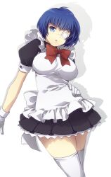  1girl beach blue_eyes blue_hair bow breasts eyepatch gloves ikkitousen large_breasts looking_at_viewer maid medical_eyepatch murata_tefu open_mouth ryomou_shimei short_hair simple_background solo standing thighhighs white_background white_gloves white_thighhighs 