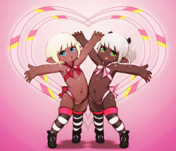  10s 2girls blonde_hair blue_eyes blush boots cleft_of_venus dark-skinned_female dark_skin feral_lemma final_fantasy final_fantasy_xiv flat_chest green_eyes heart lalafell loli multiple_girls naked_ribbon open_mouth outstretched_arms pointy_ears ribbon short_hair smile spread_arms square_enix striped_clothes striped_legwear striped_thighhighs thighhighs twintails white_hair  rating:Explicit score:154 user:danbooru