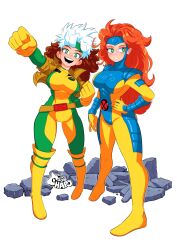  2girls bodysuit boots breasts brown_hair green_eyes hand_on_own_hip highres jean_grey knee_boots large_breasts long_hair looking_at_viewer marvel multicolored_hair multiple_girls red_hair rogue_(x-men) sonchapo white_hair x-men yellow_footwear 