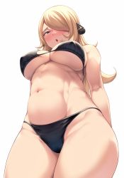  1girl :o abs arms_behind_back bare_shoulders bikini black_bikini blonde_hair blue_eyes blush breasts cleavage commentary_request covered_erect_nipples cowboy_shot creatures_(company) cynthia_(pokemon) female_focus from_below game_freak groin hair_between_eyes hair_ornament hair_over_one_eye highres hiiragi_hazime large_breasts long_hair looking_at_viewer navel nintendo open_mouth paid_reward_available pokemon pokemon_dppt sidelocks simple_background skindentation solo standing stomach string_bikini swimsuit toned underboob very_long_hair white_background  rating:Sensitive score:118 user:danbooru