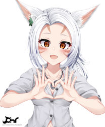 1girl :d animal_ear_fluff animal_ears blush breasts brown_eyes cat_ears chrisandita collarbone collared_shirt commentary commission dress_shirt ear_piercing facial_mark final_fantasy final_fantasy_xiv forehead hands_up heart heart_hands highres miqo&#039;te open_mouth parted_bangs piercing sabotender shirt short_sleeves simple_background small_breasts smile solo upper_body warrior_of_light_(ff14) whisker_markings white_background white_hair white_shirt rating:Sensitive score:9 user:danbooru