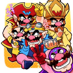 5boys big_nose cleft_chin doughnut facial_hair fingerless_gloves food gloves goggles goggles_on_headwear hat helmet holding_doughnut hoshi_(star-name2000) motorcycle_helmet multiple_boys mustache nintendo pants pink_pants pirate_costume pirate_hat pointy_ears pot_on_head red_eyes red_gloves superhero_costume tiny_wario wario wario-man wario_deluxe warioware yellow_gloves 