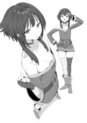  1girl absurdres bandaged_leg bandages bare_shoulders belt boots breasts chen_yang_yang choker dress fingerless_gloves from_above full_body gloves greyscale highres kono_subarashii_sekai_ni_shukufuku_wo! looking_at_viewer megumin monochrome multiple_views open_mouth parted_lips salute short_dress short_hair_with_long_locks simple_background single_thighhigh small_breasts sweatdrop thighhighs  rating:Sensitive score:63 user:danbooru
