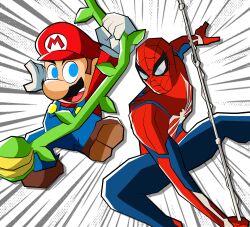  2boys a beanstalk_(mario) blue_eyes brown_hair eternalflamebry facial_hair gloves grin hat highres looking_at_another male_focus mario mario_(series) marvel mary_janes mask multiple_boys mustache nintendo open_mouth overalls peter_parker shoes smile spider-man spider-man_(series) super_mario_bros._wonder swing_set vine_whip web 