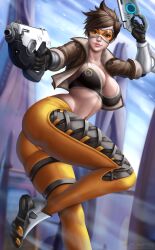  1girl absurdres ass black_gloves bomber_jacket bra breasts brown_hair cleavage crossed_legs female_focus flowerxl gloves gun highres huge_ass jacket large_breasts legs lena_oxton looking_at_viewer navel overwatch short_hair smile thighs tracer_(overwatch) underwear video_game_character weapon 