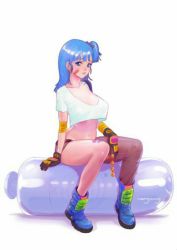  1girl artist_request blue_hair breasts bulma curvy dragon_ball large_breasts long_hair looking_at_viewer ponytail shiny_skin sitting solo  rating:Questionable score:13 user:MagaMilk2000