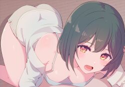 1girl absurdres alternate_costume aqua_camisole ass bent_over breasts buttons camisole commentary_request cream_(nipakupa) double-breasted double-parted_bangs fang green_hair green_shorts highres love_live! love_live!_nijigasaki_high_school_idol_club lower_teeth_only medium_breasts mifune_shioriko off_shoulder open_clothes open_mouth open_shirt red_eyes shirt short_hair shorts skin_fang solo teeth white_shirt  rating:Sensitive score:36 user:danbooru