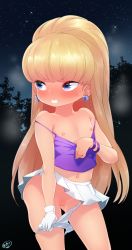  1girl blonde_hair blush born-to-die breath cleft_of_venus clenched_teeth clothes_lift clothes_pull collarbone earrings embarrassed female_focus flat_chest gloves gravity_falls highres jewelry loli long_hair looking_away midriff miniskirt navel night nipples outdoors pacifica_northwest panties panty_pull pleated_skirt ponytail pulled_by_self pussy self_exposure shirt shirt_pull single_glove skirt skirt_lift sky sleeveless sleeveless_shirt solo standing star_(sky) starry_sky teeth tree uncensored underwear v-shaped_eyebrows white_gloves white_panties white_skirt  rating:Explicit score:337 user:Domestic_Importer