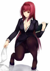  1girl alternate_costume black_footwear black_panties black_pantyhose black_skirt bra breasts brown_pantyhose buttons cleavage closed_mouth collared_shirt dress_shirt fate/grand_order fate_(series) formal full_body hair_intakes high_heels holding jacket jilllxlxl lace lace-trimmed_bra lace_trim large_breasts long_hair long_sleeves looking_away looking_down office_lady panties panties_under_pantyhose pantyhose pantyshot paper pencil_skirt pink_lips purple_hair red_eyes red_hair scathach_(fate) shadow shirt shoes simple_background skirt skirt_suit solo squatting suit thighband_pantyhose unbuttoned underwear white_background white_shirt  rating:Sensitive score:58 user:danbooru