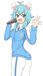  1girl aqua_eyes aqua_hair ass blush breasts hair_between_eyes hair_ornament heart heart_hair_ornament inazuma_eleven_(game) inazuma_eleven_(series) inazuma_eleven_go inazuma_eleven_go_galaxy inazuma_japan jacket microphone open_mouth simple_background solo white_background 