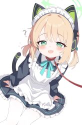  1girl :d ? @_@ absurdres animal_ear_headphones animal_ears apron arms_at_sides black_dress blonde_hair blue_archive blue_ribbon blush cat_ear_headphones cat_tail collar commentary dress dutch_angle fake_animal_ears fake_tail frilled_apron frills from_above green_eyes halo headphones highres knees_together_feet_apart leash long_sleeves looking_at_viewer low_twintails maid maid_headdress midori_(blue_archive) midori_(maid)_(blue_archive) neck_ribbon open_mouth pantyhose petticoat pleated_dress red_collar ribbon short_twintails sidelocks simple_background smile solo symbol-only_commentary tail thigh_gap twintails viewer_holding_leash white_apron white_background white_pantyhose yukisiannn  rating:General score:12 user:danbooru