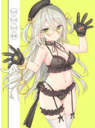  1girl :t beret black_bow black_bra black_gloves black_hat black_panties blush bow bow_bra bow_panties bra breasts cartoon_bone cleavage closed_mouth commentary_request cuffs emoji frilled_bra frilled_panties frills garter_straps glasses gloves green_background green_eyes grey_hair hair_between_eyes hair_ribbon handcuffs hands_up hat heart long_hair medium_breasts original panties pleading_face_emoji pout ribbon solo thighhighs two_side_up underwear underwear_only very_long_hair white_thighhighs yellow-framed_eyewear yellow_ribbon yuuki_rika  rating:Sensitive score:9 user:danbooru