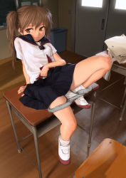  brown_eyes brown_hair classroom come_hither gusset loli long_hair naughty_face panties pixiv_thumbnail resized rustle school_uniform solo twintails underwear wooden_floor 