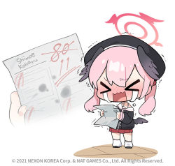  &gt;_&lt; 1girl bangs beret black_headwear black_skirt blouse blue_archive blush chibi collared_shirt crying donmin_h eyebrows_visible_through_hair eyes_closed full_body hair_between_eyes hat holding jacket koharu_(blue_archive) long_hair long_sleeves nose_blush official_art open_mouth paper pink_hair pleated_skirt red_skirt shirt skirt socks standing streaming_tears tears trembling twintails very_long_hair watermark wavy_mouth white_background white_legwear white_shirt 