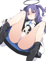  1girl absurdres ass blue_archive blush boots cameltoe collar crotch_seam suit_jacket dress_shirt embarrassed halo highres jacket kandori loli long_hair long_sleeves looking_at_viewer m_legs necktie panties pantyshot purple_eyes purple_hair shirt shoes simple_background spread_legs sweat twintails underwear upskirt white_background white_panties yuuka_(blue_archive)  rating:Questionable score:62 user:danbooru