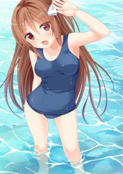  1girl amamiya_imari amamiya_inari bad_id bad_pixiv_id breasts brown_eyes brown_hair gradient_background highres medium_breasts old_school_swimsuit one-piece_swimsuit open_mouth original school_swimsuit solo swimsuit wading water 
