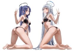  2girls absurdres alternate_costume ass bare_arms bare_legs bare_shoulders barefoot black_bra black_halo black_panties blue_archive blue_eyes blue_hair blush bra breasts closed_mouth commentary feet from_behind full_body grey_hair hair_between_eyes halo hand_up highres id_card kneeling lanyard legs licking_lips lingerie long_hair looking_at_viewer looking_back medium_breasts multiple_girls navel noa_(blue_archive) official_alternate_costume panties purple_eyes simple_background smile soles stomach thighs toes tongue tongue_out twisted_torso underwear underwear_only v very_long_hair white_background yohwa yuuka_(blue_archive)  rating:Sensitive score:34 user:danbooru
