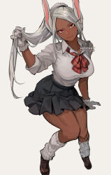  1girl animal_ears artist_name black_hairband black_skirt boku_no_hero_academia bow bowtie breasts brown_footwear collared_shirt commentary dark-skinned_female dark_skin english_commentary full_body gloves hairband head_tilt holding holding_hair kadeart knees_together_feet_apart large_breasts long_eyelashes long_hair looking_at_viewer loose_socks mirko parted_bangs plaid plaid_bow plaid_bowtie pleated_skirt ponytail rabbit_ears rabbit_girl red_bow red_bowtie red_eyes school_uniform shirt shirt_tucked_in sitting skirt smile socks solo thighs very_long_hair white_gloves white_hair white_shirt  rating:Sensitive score:57 user:danbooru