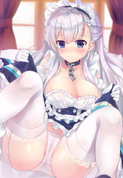 1girl apron azur_lane bad_id bad_pixiv_id belfast_(azur_lane) braid breasts chain cleavage clothes_lift collar collarbone corset couch curtains dress dress_lift french_braid frilled_apron frilled_gloves frills garter_straps gloves large_breasts looking_at_viewer maid maid_apron maid_headdress nanahachi panties sitting smile solo thighhighs underwear white_apron white_gloves white_hair white_panties white_thighhighs window rating:Sensitive score:15 user:danbooru